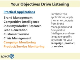 Your Objectives Drive Listening
Practical Applications
                             For these two
Brand Management             applications, apply
                             the same concepts
Competitive Intelligence
                             from Brand
Industry/Market Research     Management and
Lead Generation              Competitive
Customer Service             Intelligence and use
                             language-specific
Crisis Management            keywords for your
Campaign Monitoring          campaign, product,
Product/Service Monitoring   or service.
 