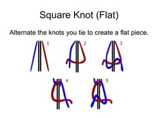 Square Knot (Flat)
Alternate the knots you tie to create a flat piece.
 