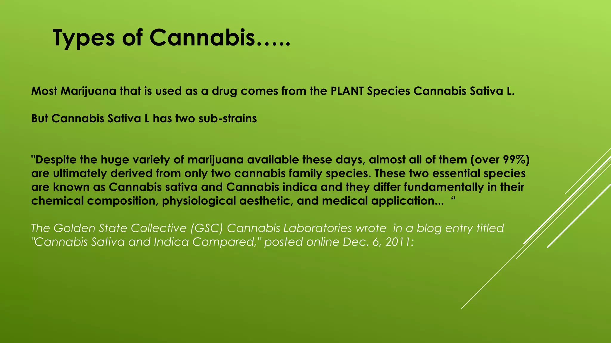 Types of Cannabis…..
Most Marijuana that is used as a drug comes from the PLANT Species Cannabis Sativa L.
But Cannabis Sativa L has two sub-strains
"Despite the huge variety of marijuana available these days, almost all of them (over 99%)
are ultimately derived from only two cannabis family species. These two essential species
are known as Cannabis sativa and Cannabis indica and they differ fundamentally in their
chemical composition, physiological aesthetic, and medical application... “
The Golden State Collective (GSC) Cannabis Laboratories wrote in a blog entry titled
"Cannabis Sativa and Indica Compared," posted online Dec. 6, 2011:
 
