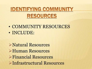 • COMMUNITY RESOURCES
• INCLUDE:
Natural Resources
Human Resources
Financial Resources
Infrastructural Resources
 