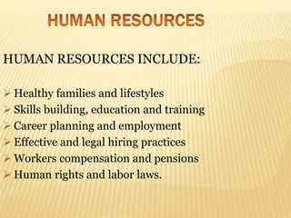 HUMAN RESOURCES INCLUDE:
 Healthy families and lifestyles
 Skills building, education and training
 Career planning and employment
 Effective and legal hiring practices
 Workers compensation and pensions
 Human rights and labor laws.
 