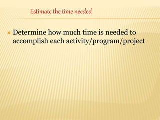  Determine how much time is needed to
accomplish each activity/program/project
Estimate the time needed
 