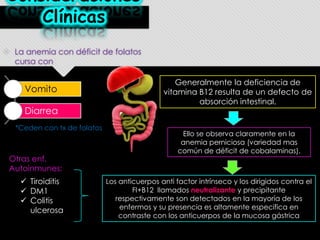 Consideraciones
Clínicas
 La anemia con déficit de folatos
cursa con:

Vomito

Diarrea
*Ceden con tx de folatos

Otras enf.
Autoinmunes:
 Tiroiditis
 DM1
 Colitis
ulcerosa

Generalmente la deficiencia de
vitamina B12 resulta de un defecto de
absorción intestinal.

Ello se observa claramente en la
anemia perniciosa (variedad mas
común de déficit de cobalaminas).

Los anticuerpos anti factor intrínseco y los dirigidos contra el
FI+B12 llamados neutralizante y precipitante
respectivamente son detectados en la mayoría de los
enfermos y su presencia es altamente especifica en
contraste con los anticuerpos de la mucosa gástrica

 