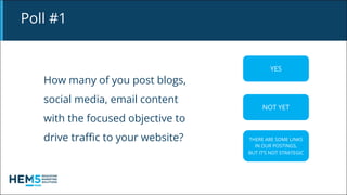 Poll #1
How many of you post blogs,
social media, email content
with the focused objective to
drive traﬃc to your website?
YES
THERE ARE SOME LINKS
IN OUR POSTINGS,
BUT IT’S NOT STRATEGIC
NOT YET
 