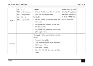 Trần Thị Ngọc Mai – Lê Mạnh Thông Y2011E – Tổ 28
SUYỄN 17
MgSO4
Mg++
>< Ca++
Mg++
ức chế mastocyte
Mg++
 acetylcholine
Mg++
 β2 – R
Mg++
 superoxide/N
Thực tế:
- Ciarallo 96, Silverman 02: đỏ mặt, “thư
giản”, nhẹ đầu, cảm giác nóng.
Lý thuyết:
- Đỏ mặt, toát mồ hôi, cảm giác nóng, bỏng
rát nơi tiêm.
- Hạ huyết áp, trụy tim mạch, rối loạn nhịp.
- Ức chế cơ hô hấp.
- Ức chế thần kinh trung ương, yếu cơ, giảm
phản xạ gân xương.
MgSO4 15% 1,5 g/10 mL
Tấn công: 50 mg/kg/liều
pha 2 phần Dextrose 5%
đủ 10 mL TTM/20 phút
Duy trì: 30 mg/kg/h
Corticoid
Thường gặp ở những người sử dụng corticoides
lâu dài.
- Suy tuyến thượng thận.
- Tăng huyết áp, tăng cân do giữ muối nước.
- Hạ K+
máu  Yếu cơ.
- Loét dạ dày – tá tràng.
- Đục thủy tinh thể, tăng nhãn áp, loãng
xương.
 