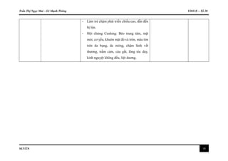 Trần Thị Ngọc Mai – Lê Mạnh Thông Y2011E – Tổ 28
SUYỄN 18
- Làm trẻ chậm phát triển chiều cao, dẫn đến
bị lùn.
- Hội chứng Cushing: Béo trung tâm, mệt
mỏi, cơ yếu, khuôn mặt đỏ và tròn, màu tím
trên da bụng, da mỏng, chậm lành vết
thương, trầm cảm, cáu gắt, lông tóc dày,
kinh nguyệt không đều, liệt dương.
 