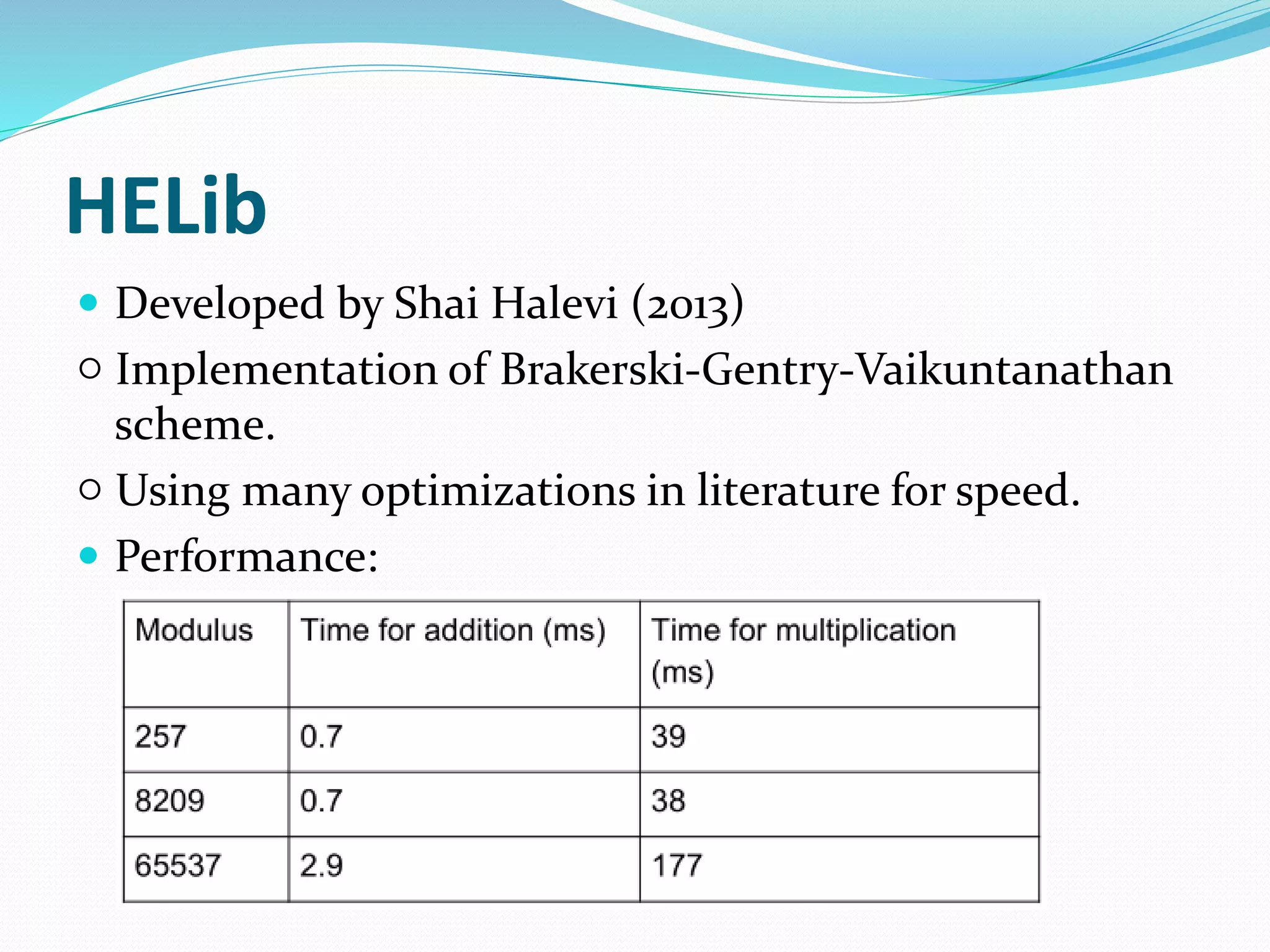 HELib
 Developed by Shai Halevi (2013)
○ Implementation of Brakerski-Gentry-Vaikuntanathan
scheme.
○ Using many optimizations in literature for speed.
 Performance:
 