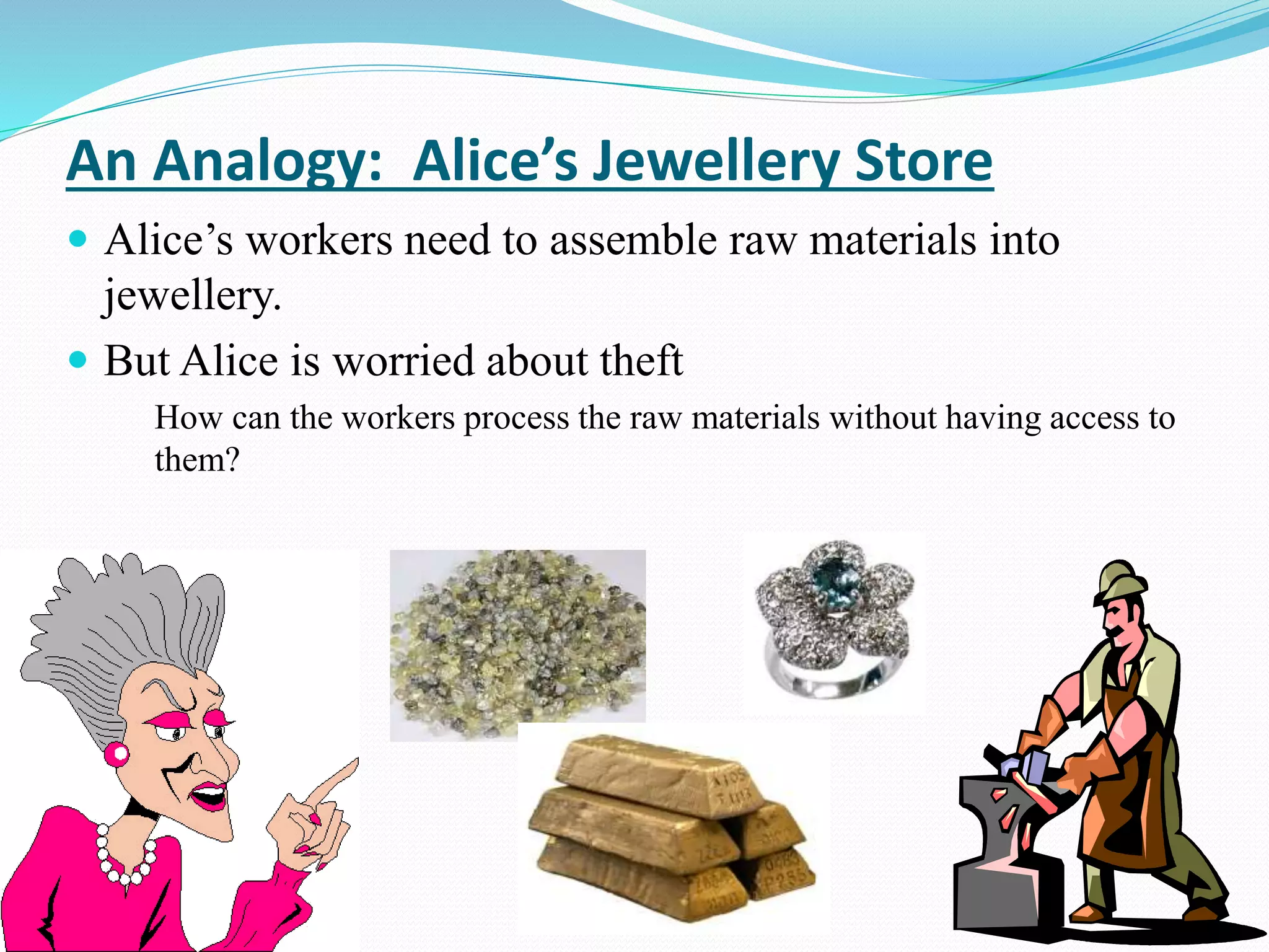 An Analogy: Alice’s Jewellery Store
 Alice’s workers need to assemble raw materials into
jewellery.
 But Alice is worried about theft
How can the workers process the raw materials without having access to
them?
 