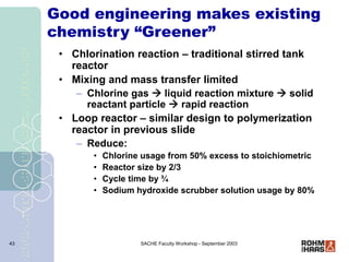 SACHE Faculty Workshop - September 2003
43
Good engineering makes existing
chemistry “Greener”
• Chlorination reaction – t...