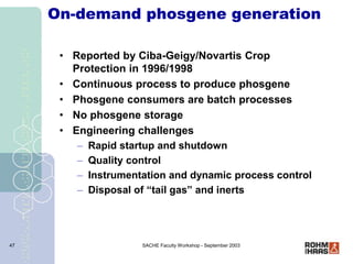 SACHE Faculty Workshop - September 2003
47
On-demand phosgene generation
• Reported by Ciba-Geigy/Novartis Crop
Protection...