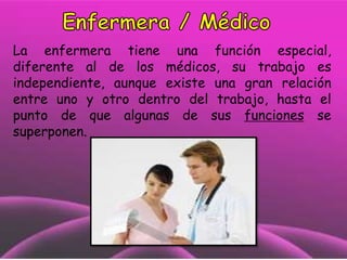 La enfermera tiene una función especial,
diferente al de los médicos, su trabajo es
independiente, aunque existe una gran relación
entre uno y otro dentro del trabajo, hasta el
punto de que algunas de sus funciones se
superponen.

 