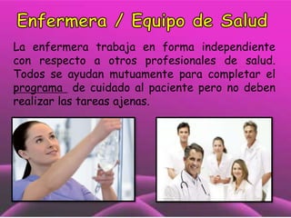 La enfermera trabaja en forma independiente
con respecto a otros profesionales de salud.
Todos se ayudan mutuamente para completar el
programa de cuidado al paciente pero no deben
realizar las tareas ajenas.

 