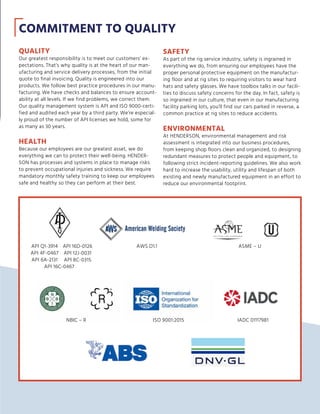 QUALITY
Our greatest responsibility is to meet our customers’ ex-
pectations. That’s why quality is at the heart of our man-
ufacturing and service delivery processes, from the initial
quote to final invoicing. Quality is engineered into our
products. We follow best practice procedures in our manu-
facturing. We have checks and balances to ensure account-
ability at all levels. If we find problems, we correct them.
Our quality management system is API and ISO 9000-certi-
fied and audited each year by a third party. We’re especial-
ly proud of the number of API licenses we hold, some for
as many as 30 years.
HEALTH
Because our employees are our greatest asset, we do
everything we can to protect their well-being. HENDER-
SON has processes and systems in place to manage risks
to prevent occupational injuries and sickness. We require
mandatory monthly safety training to keep our employees
safe and healthy so they can perform at their best.
SAFETY
As part of the rig service industry, safety is ingrained in
everything we do, from ensuring our employees have the
proper personal protective equipment on the manufactur-
ing floor and at rig sites to requiring visitors to wear hard
hats and safety glasses. We have toolbox talks in our facili-
ties to discuss safety concerns for the day. In fact, safety is
so ingrained in our culture, that even in our manufacturing
facility parking lots, you’ll find our cars parked in reverse, a
common practice at rig sites to reduce accidents.
ENVIRONMENTAL
At HENDERSON, environmental management and risk
assessment is integrated into our business procedures,
from keeping shop floors clean and organized, to designing
redundant measures to protect people and equipment, to
following strict incident-reporting guidelines. We also work
hard to increase the usability, utility and lifespan of both
existing and newly manufactured equipment in an effort to
reduce our environmental footprint.
API Q1-3914
API 4F-0467
API 6A-2131
API 16D-0126
API 12J-0031
API 8C-0315
AWS D1.1
ISO 9001:2015 IADC 01117981NBIC – R
ASME – U
API 16C-0467
COMMITMENT TO QUALITY
 