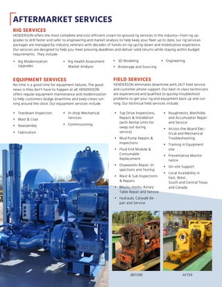 AFTERMARKET SERVICES
EQUIPMENT SERVICES
No time is a good time for equipment failures. The good
news is they don’t have to happen at all. HENDERSON
offers regular equipment maintenance and modernization
to help customers dodge downtime and keep crews run-
ning around the clock. Our equipment services include:
FIELD SERVICES
HENDERSON eliminates downtime with 24/7 field service
and customer phone support. Our best-in-class technicians
are experienced and qualified to quickly troubleshoot
problems to get your rig and equipment back up and run-
ning. Our technical field services include:
RIG SERVICES
HENDERSON offers the most complete and cost-efficient crown-to-ground rig services in the industry—from rig up-
grades to drill faster and safer to engineering and market analysis to help keep your fleet up to date, our rig services
packages are managed by industry veterans with decades of hands-on rig-up/rig-down and mobilization experience.
Our services are designed to help you meet pressing deadlines and deliver solid returns while staying within budget
requirements. They include:
•	 Rig Modernization
Upgrades
•	 Rig Health Assessment
Market Analysis
•	 Teardown Inspection
•	 Blast  Coat
•	 Reassembly
•	 Fabrication
•	 3D Modeling
•	 Brokerage and Sourcing
•	 Engineering
•	 In-shop Mechanical
Services
•	 Commissioning
•	 Top Drive Inspections,
Repairs  Installation
(with Rental Units for
swap out during
service)
•	 Mud Pump Repairs 
Inspections
•	 Fluid End Module 
Consumable
Replacement
•	 Drawworks Repair, In-
spections and Testing
•	 Mast  Sub Inspections
 Repairs
•	 Blocks, Hooks, Rotary
Table Repair and Service
•	 Hydraulic Catwalk Re-
pair and Service
•	 Roughnecks, Manifolds
and Accumulator Repair
and Service
•	 Across-the-Board Elec-
trical and Mechanical
Troubleshooting
•	 Training in Equipment
Use
•	 Preventative Mainte-
nance
•	 On-site Support
•	 Local Availability in
East, West,
South and Central Texas
and Canada
BEFORE AFTER
 
