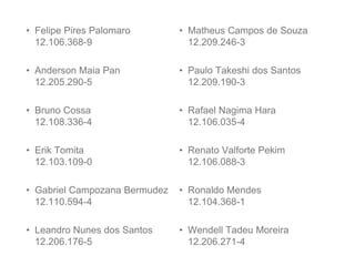 • Felipe Pires Palomaro        • Matheus Campos de Souza
  12.106.368-9                   12.209.246-3

• Anderson Maia Pan            • Paulo Takeshi dos Santos
  12.205.290-5                   12.209.190-3

• Bruno Cossa                  • Rafael Nagima Hara
  12.108.336-4                   12.106.035-4

• Erik Tomita                  • Renato Valforte Pekim
  12.103.109-0                   12.106.088-3

• Gabriel Campozana Bermudez   • Ronaldo Mendes
  12.110.594-4                   12.104.368-1

• Leandro Nunes dos Santos     • Wendell Tadeu Moreira
  12.206.176-5                   12.206.271-4
 