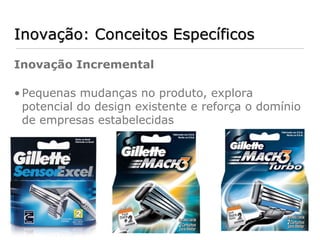 Inovação: Conceitos Específicos
Inovação Incremental

• Pequenas mudanças no produto, explora
  potencial do design existente e reforça o domínio
  de empresas estabelecidas
 