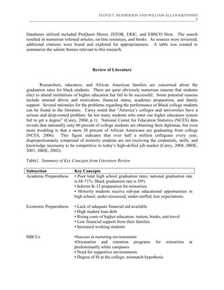 FLOYD T. HENDERSON AND WILLIAM ALLAN KRITSONIS
 ___________________________________________________________________________________________5



Databases utilized included ProQuest Direct, JSTOR, ERIC, and EBSCO Host. The search
resulted in numerous refereed articles, on-line resources, and books. As sources were reviewed,
additional citations were found and explored for appropriateness. A table was created to
summarize the salient themes relevant to this research.



                                     Review of Literature


        Researchers, educators, and African American families are concerned about the
graduation rates for black students. There are quite obviously numerous reasons that students
elect to attend institutions of higher education but fail to be successful. Some potential reasons
include internal drives and motivation, financial status, academic preparation, and family
support. Several rationales for the problems regarding the performance of Black college students
can be found in the literature. Carey noted that “America’s colleges and universities have a
serious and deep-rooted problem: far too many students who enter our higher education system
fail to get a degree” (Carey, 2004, p.1). National Center for Education Statistics (NCES) data
reveals that nationally only 60 percent of college students are obtaining their diplomas, but even
more troubling is that a mere 38 percent of African Americans are graduating from college
(NCES, 2006). This figure indicates that over half a million collegians every year,
disproportionately comprised of minority students are not receiving the credentials, skills, and
knowledge necessary to be competitive in today’s high-skilled job market (Carey, 2004; JBHE,
2001; JBHE, 2002).

Table1. Summary of Key Concepts from Literature Review

Subsection                 Key Concepts
Academic Preparedness      • Poor total high school graduation rates; national graduation rate
                           is 68-71%; Black graduation rate is 50%
                           • Inferior K-12 preparation for minorities
                           • Minority students receive sub-par educational opportunities in
                           high school; under-resourced, under-staffed, low expectations.

Economic Preparedness      • Lack of adequate financial aid available
                           • High student loan debt
                           • Rising costs of higher education: tuition, books, and travel
                           • Low financial support from their families
                           • Increased working students

HBCUs                      •Success at nurturing environments
                           •Orientation and retention programs for minorities                at
                           predominantly white campuses
                           • Need for supportive environments
                           • Degree of fit at the college; mismatch hypothesis
 