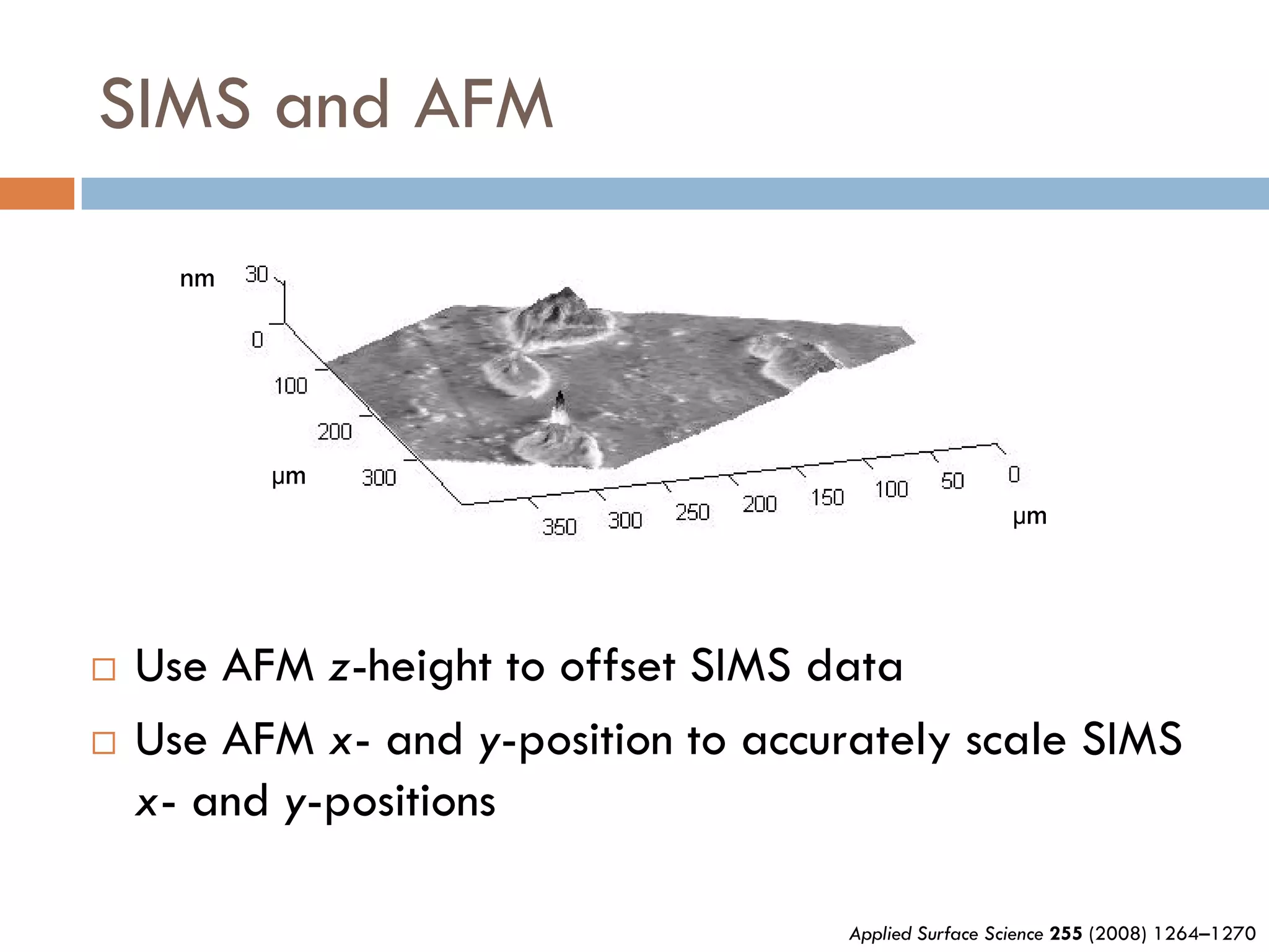 SIMS and AFM

      nm




           µm
                                                       µm




   Use AFM z-height to offset SIMS data
   Use AFM x- and y-position to accurately scale SIMS
    x- and y-positions

                                      Applied Surface Science 255 (2008) 1264–1270
 