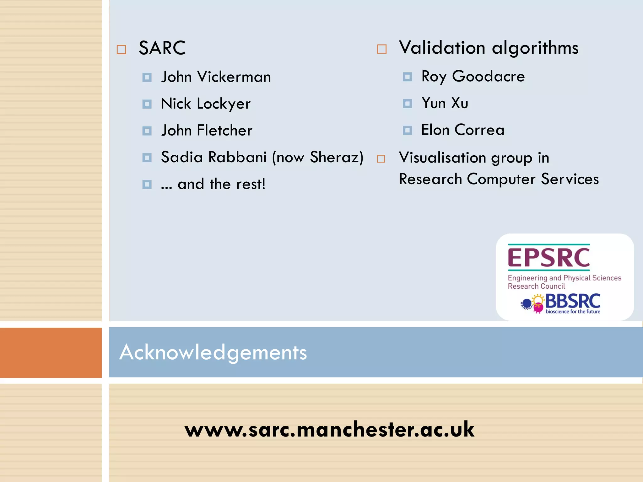  SARC
 SARC                                   Validation algorithms
   
    John Vickerman
        John Vickerman                      Roy Goodacre
    Nick Lockyer
    Nick Lockyer
    John Fletcher                           Yun Xu
    John Fletcher
    Sadia Sheraz
         (nee Rabbani)
                                            Elon Correa
    ... Sadia Rabbani (now Sheraz)
    and the rest!                      Visualisation group in
    ... and the rest!                   Research Computer Services




Acknowledgements


           www.sarc.manchester.ac.uk
 