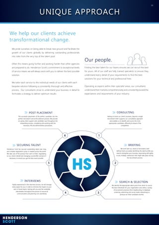 08
We help our clients achieve
transformational change.
We pride ourselves on being able to break new ground and facilitate the
growth of our clients globally by delivering outstanding professionals
into roles from the very top of the talent pool.
Often this means going further and working harder than other agencies
are prepared to do. Henderson Scott’s commitment to exceptional levels
of service means we will always work with you to deliver the best possible
solution.
We tailor each service to the individual needs of our clients with each
bespoke solution following a consistently thorough and effective
process. Our consultants strive to understand your business in detail to
formulate a strategy to deliver optimum results:
Finding the best talent for our teams ensures we can recruit the best
for yours. All of our staff are fully trained specialists to ensure they
understand every detail of your requirements to find the best
solutions for your technical and professional hires.
Operating as experts within their specialist areas, our consultants
understandtheirmarketscomprehensivelyandconsistentlyexceedthe
expectations and requirements of your industry.
Our people.
CONSULTING
The successful placement of the perfect candidate into the
perfect role doesn’t end at the selection process. We provide
on-going client support and candidate care throughout the
onboarding process, completing and assisting with the
necessary HR and administrative procedures.
Getting to know our client’s business, beyond a single
recruitment brief, supports our consultative approach
and enables us to identify and source the most
appropriate candidates, efficiently & ahead of the
competition.
Henderson Scott has sourced outstanding talent over long
and complex negotiation cycles, in markets across the world.
We take care of the process from start to finish, negotiating
on our clients’ behalf and managing counteroffer scenarios if
necessary, to ensure you get the best result possible.
We work with our clients to formulate a well
defined brief, accurately identifying the talent profile you
need to strengthen your business, responding with agility
to any strategic redirection that might take place during
the recruitment process.
Highly experienced in the interview process, we will manage
every aspect for you in order to minimise the impact on your
own in-house teams, liaising with you and the candidate
interviewees throughout the process to ensure all
communication and planning runs seamlessly.
We identify the appropriate talent pools from which to source
the best individuals for your organisation and utilise a variety
of recruitment practices (from headhunting, to database
screening, advertising and social media networking) to
produce an initial candidate shortlist.
BRIEFING
SEARCH & SELECTIONINTERVIEWS
SECURING TALENT
POST PLACEMENT
UNIQUE APPROACH
 