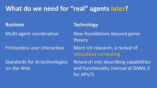 What do we need for “real” agents later?
Business Technology
Multi-agent coordination New foundations beyond game
theory
Frictionless user interaction More UX research, a revival of
ubiquitous computing
Standards for AI technologies
on the Web
Research into describing capabilities
and functionality (revival of DAML-S
for APIs?)
 