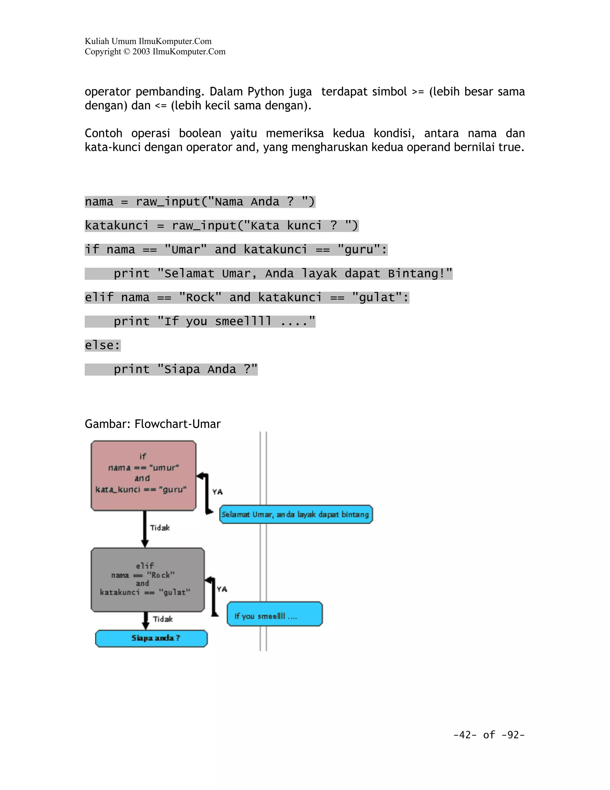Kuliah Umum IlmuKomputer.Com
Copyright © 2003 IlmuKomputer.Com



operator pembanding. Dalam Python juga terdapat simbol >= (lebih besar sama
dengan) dan <= (lebih kecil sama dengan).

Contoh operasi boolean yaitu memeriksa kedua kondisi, antara nama dan
kata-kunci dengan operator and, yang mengharuskan kedua operand bernilai true.



nama = raw_input("Nama Anda ? ")

katakunci = raw_input("Kata kunci ? ")

if nama == "Umar" and katakunci == "guru":

      print "Selamat Umar, Anda layak dapat Bintang!"

elif nama == "Rock" and katakunci == "gulat":

      print "If you smeellll ...."

else:

      print "Siapa Anda ?"



Gambar: Flowchart-Umar




                                                                 -42- of -92-
 