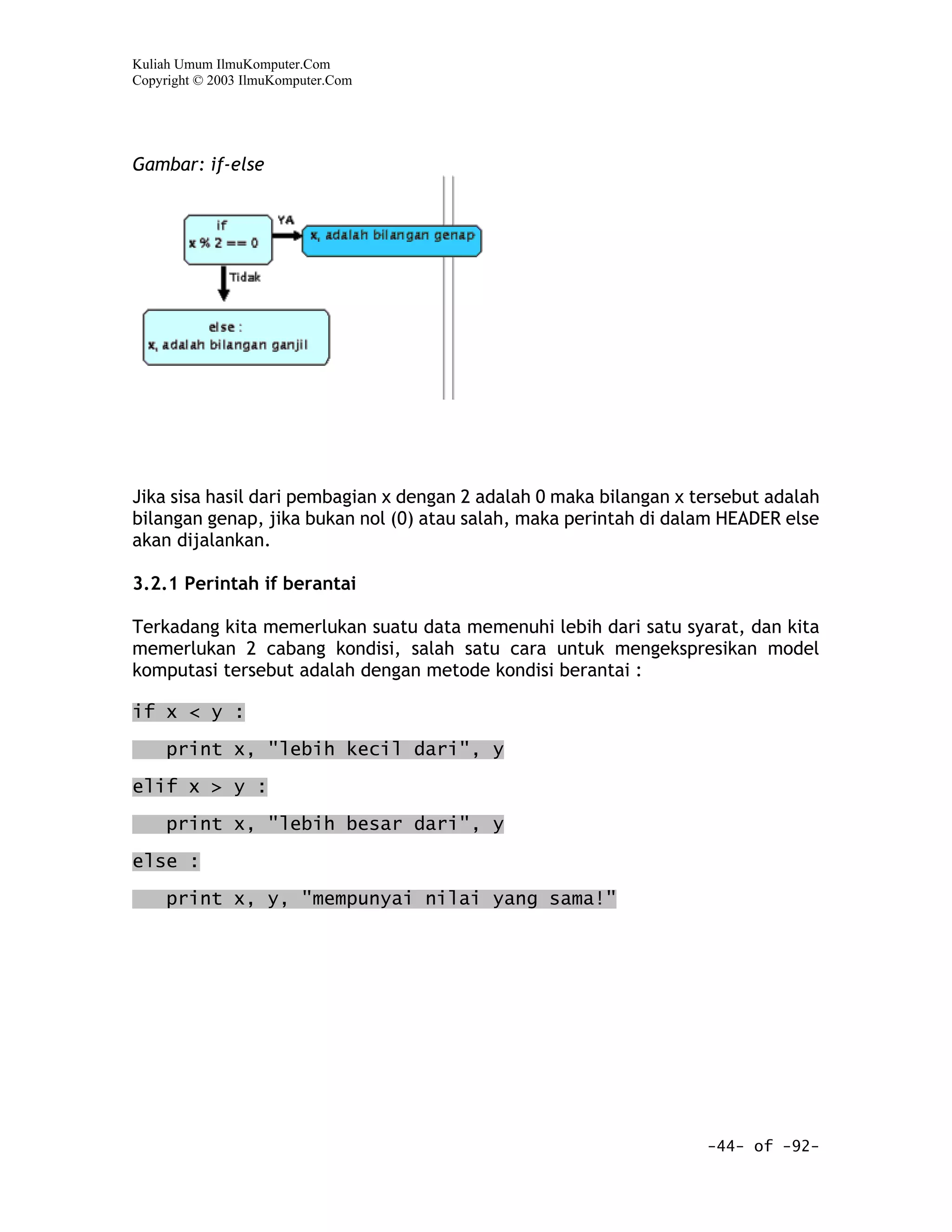 Kuliah Umum IlmuKomputer.Com
Copyright © 2003 IlmuKomputer.Com




Gambar: if-else




Jika sisa hasil dari pembagian x dengan 2 adalah 0 maka bilangan x tersebut adalah
bilangan genap, jika bukan nol (0) atau salah, maka perintah di dalam HEADER else
akan dijalankan.

3.2.1 Perintah if berantai

Terkadang kita memerlukan suatu data memenuhi lebih dari satu syarat, dan kita
memerlukan 2 cabang kondisi, salah satu cara untuk mengekspresikan model
komputasi tersebut adalah dengan metode kondisi berantai :

if x < y :

     print x, "lebih kecil dari", y

elif x > y :

     print x, "lebih besar dari", y
else :

     print x, y, "mempunyai nilai yang sama!"




                                                                    -44- of -92-
 