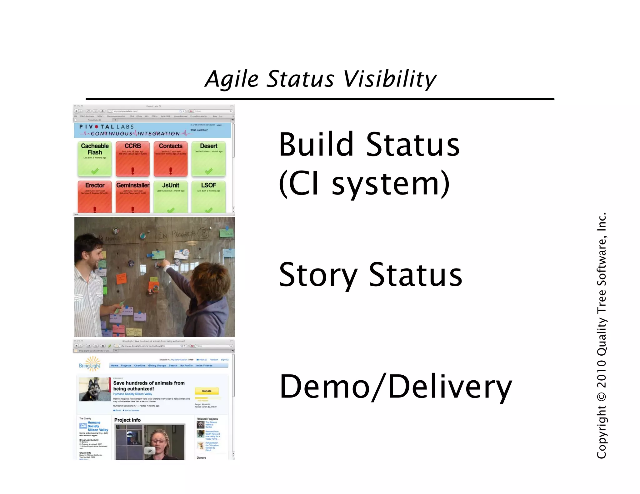 Agile Status Visibility


       Build Status
       (CI system)




                          Copyright © 2010 Quality Tree Software, Inc.
       Story Status


       Demo/Delivery
 