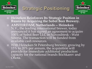 Heineken International Expansion1863: Gerard Adriaan Heineken – brought brewery 1927: first international acquisition in Brussels1928: exclusive beer provider for Amsterdam OlympicsPre-1930s: Exporting1931: JV with Fraser & Neave Singapore export to North America
