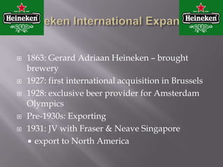 PRODUCTS12/11/201014Heineken PilsenerThis is Heineken’s regular beer which is the same as the original Heineken started with. Its mildly bitter taste, fresh, fruity aroma, bright color and exceptional clarity are obtained using only the purest water, hops and barley malt.Alcohol: 5% vol.