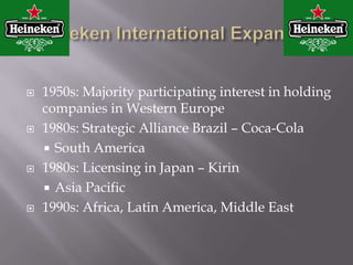 PRODUCTS12/11/201015Heineken Premium lightHeineken’s Premium Light is a beer brewed by Heineken mostly for the US market. It was introduced in 2005 and took them 10 years of market research, and was chosen from twenty options.Alcohol: 3.3% vol.