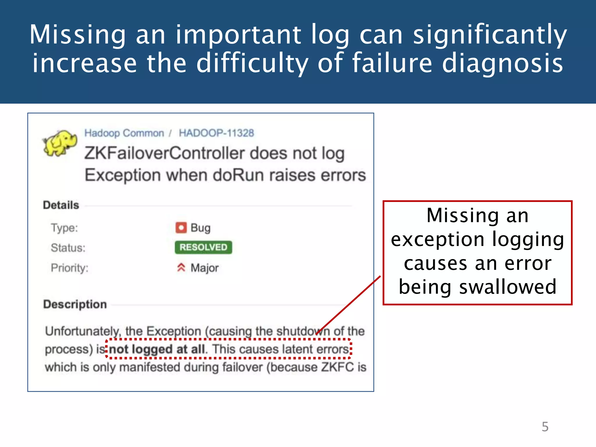 Missing an important log can significantly
increase the difficulty of failure diagnosis
5
Missing an
exception logging
causes an error
being swallowed
 