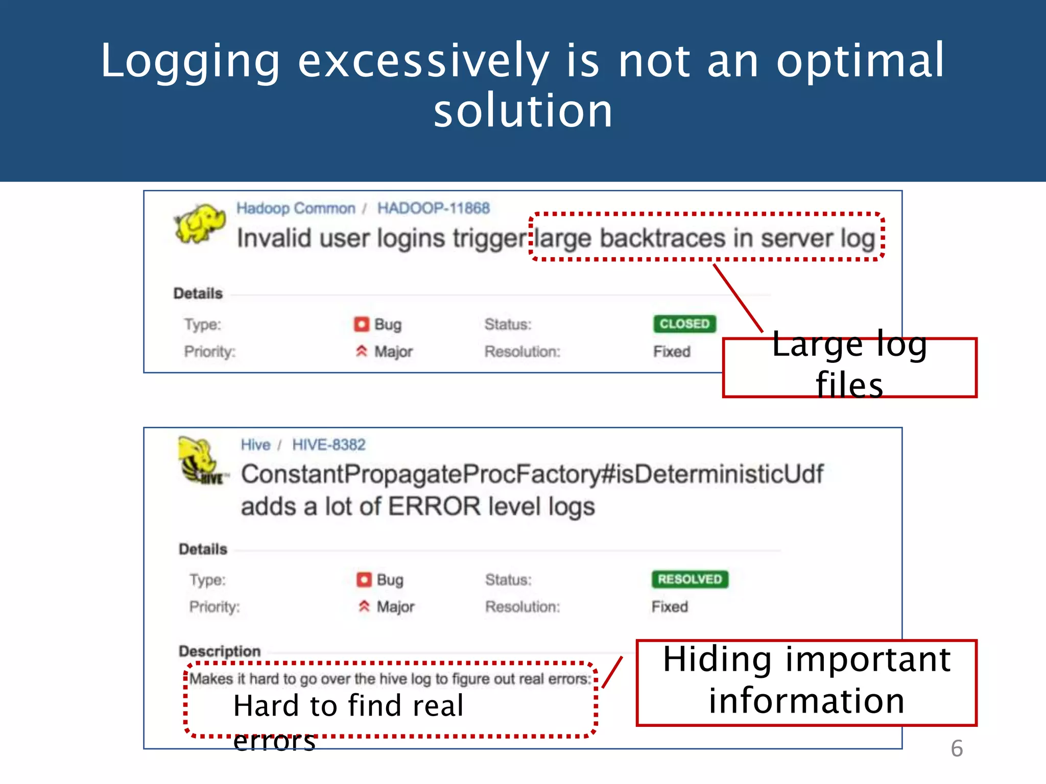 Logging excessively is not an optimal
solution
6
Large log
files
Hard to find real
errors
Hiding important
information
 