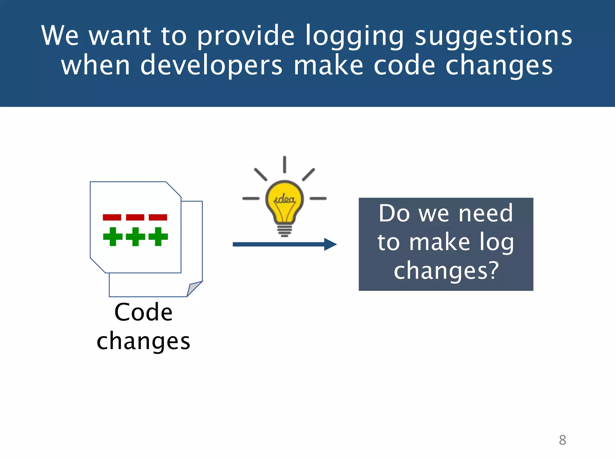 We want to provide logging suggestions
when developers make code changes
8
Code
changes
Do we need
to make log
changes?
 