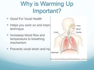 Why is Warming Up
Important?
 Good For Vocal Health

 Helps you work on and improve
technique

 Increases blood flow and
temperature to breathing
mechanism

 Prevents vocal strain and injury

 