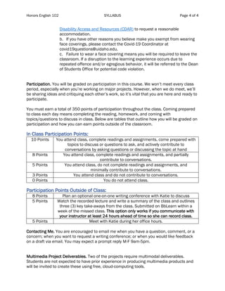 Honors English 102 SYLLABUS Page 4 of 4
Disability Access and Resources (CDAR) to request a reasonable
accommodation.
b. If you have other reasons you believe make you exempt from wearing
face coverings, please contact the Covid-19 Coordinator at
covid19questions@uidaho.edu.
c. Failure to wear a face covering means you will be required to leave the
classroom. If a disruption to the learning experience occurs due to
repeated offence and/or egregious behavior, it will be referred to the Dean
of Students Office for potential code violation.
Participation. You will be graded on participation in this course. We won’t meet every class
period, especially when you’re working on major projects. However, when we do meet, we’ll
be sharing ideas and critiquing each other’s work, so it’s vital that you are here and ready to
participate.
You must earn a total of 350 points of participation throughout the class. Coming prepared
to class each day means completing the reading, homework, and coming with
topics/questions to discuss in class. Below are tables that outline how you will be graded on
participation and how you can earn points outside of the classroom.
In Class Participation Points:
10 Points You attend class, complete readings and assignments, come prepared with
topics to discuss or questions to ask, and actively contribute to
conversations by asking questions or discussing the topic at hand
8 Points You attend class, complete readings and assignments, and partially
contribute to conversations.
5 Points You attend class, do not complete readings and assignments, and
minimally contribute to conversations.
3 Points You attend class and do not contribute to conversations.
0 Points You do not attend class.
Participation Points Outside of Class:
8 Points Plan an optional one-on-one writing conference with Katie to discuss
5 Points Watch the recorded lecture and write a summary of the class and outlines
three (3) key take-aways from the class. Submitted on BbLearn within a
week of the missed class. This option only works if you communicate with
your instructor at least 24 hours ahead of time so she can record class.
5 Points Meet with Katie during her office hours.
Contacting Me. You are encouraged to email me when you have a question, comment, or a
concern; when you want to request a writing conference; or when you would like feedback
on a draft via email. You may expect a prompt reply M-F 9am-5pm.
Multimedia Project Deliverables. Two of the projects require multimodal deliverables.
Students are not expected to have prior experience in producing multimedia products and
will be invited to create these using free, cloud-computing tools.
 