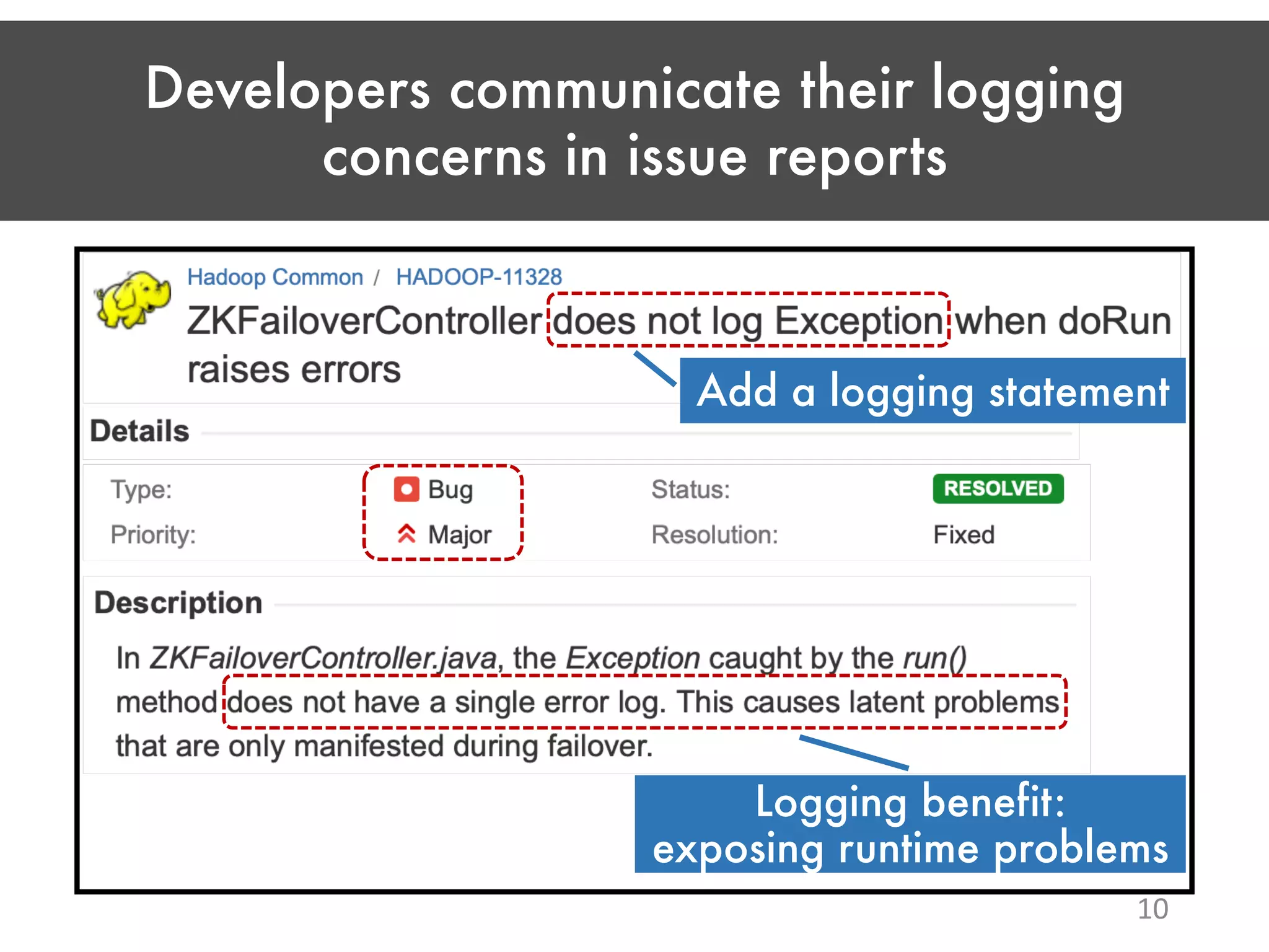 Developers communicate their logging concerns in issue reports 10 Add a logging statement Logging benefit: exposing runtime problems 