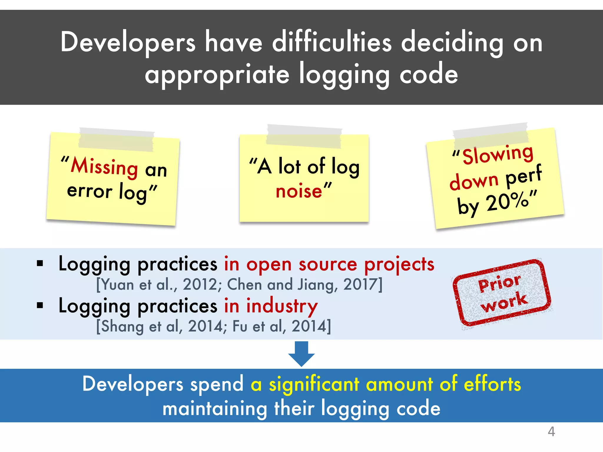 Developers have difficulties deciding on appropriate logging code 4 “A lot of log noise” “Slowing down perf by 20%” “Missing an error log” Developers spend a significant amount of efforts maintaining their logging code § Logging practices in open source projects [Yuan et al., 2012; Chen and Jiang, 2017] § Logging practices in industry [Shang et al, 2014; Fu et al, 2014] Prior work 