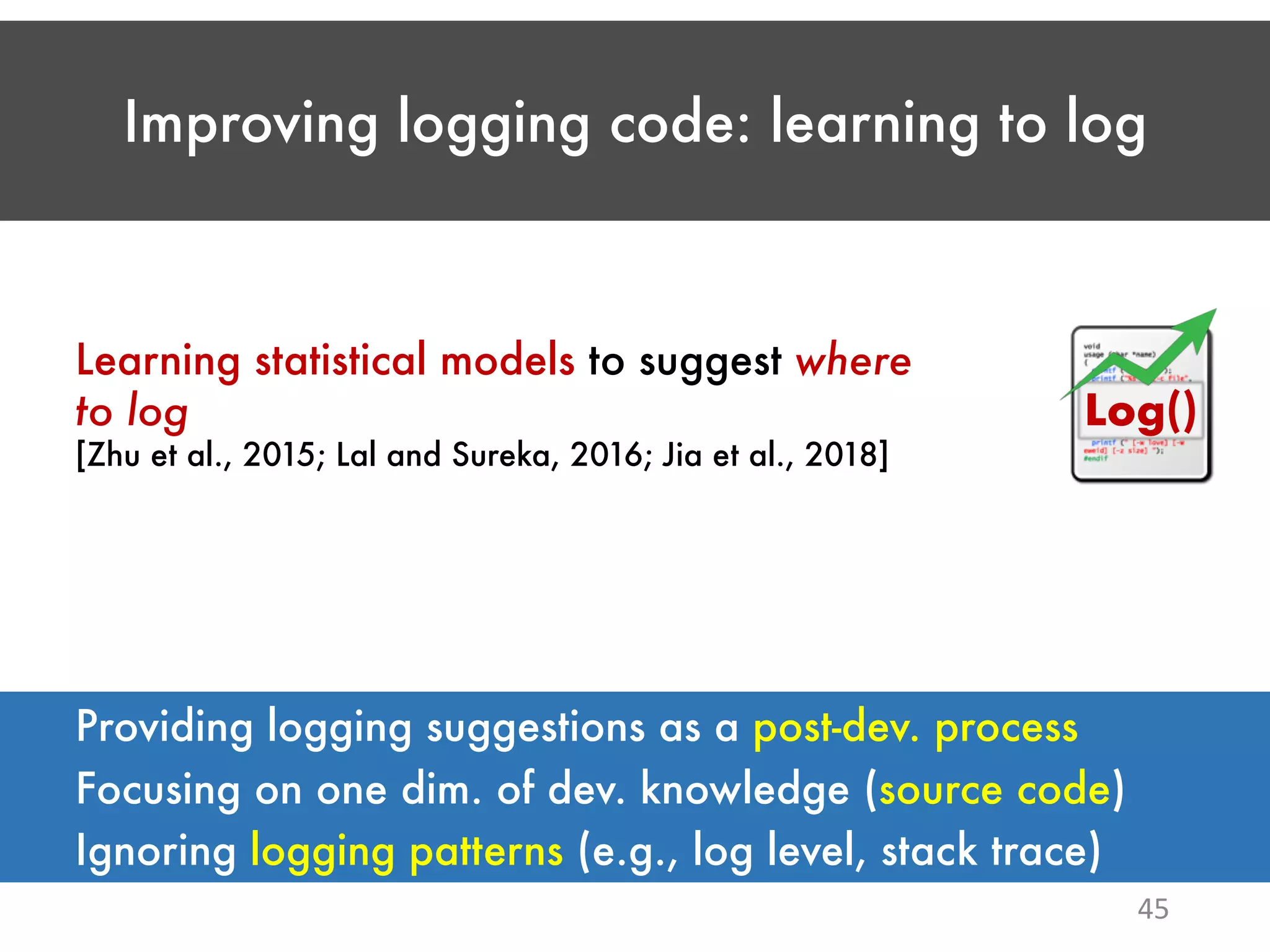 Improving logging code: learning to log 45 Learning statistical models to suggest where to log [Zhu et al., 2015; Lal and Sureka, 2016; Jia et al., 2018] Ignoring logging patterns (e.g., log level, stack trace) Log() Focusing on one dim. of dev. knowledge (source code) Providing logging suggestions as a post-dev. process 