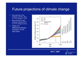 Future projections of climate change
Best estimate of low
emission scenario (B1)
is 1.8 ºC (range 1.1-2.9)
Best estimate of high
emission scenario A1F1
is 4.0 ºC (range 2.4-6.4)
Hardly any
differences between
scenarios for the
near future




                            IPCC 2007
 