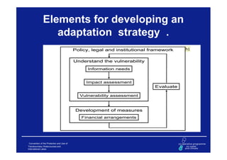 Elements for developing an
                  adaptation strategy .
                                           Policy, legal and institutional framework   h1


                                           Understand the vulnerability
                                                 Information needs


                                                Impact assessment
                                                                            Evaluate

                                             Vulnerability assessment



                                            Development of measures
                                              Financial arrangements




 Convention of the Protection and Use of
Transboundary Watercourses and
International Lakes
 
