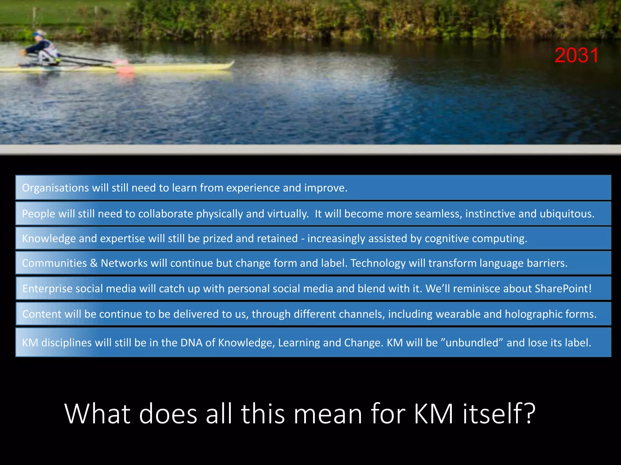 2031
Organisations will still need to learn from experience and improve.
People will still need to collaborate physically and virtually. It will become more seamless, instinctive and ubiquitous.
Knowledge and expertise will still be prized and retained - increasingly assisted by cognitive computing.
Communities & Networks will continue but change form and label. Technology will transform language barriers.
KM disciplines will still be in the DNA of Knowledge, Learning and Change. KM will be ”unbundled” and lose its label.
Enterprise social media will catch up with personal social media and blend with it. We’ll reminisce about SharePoint!
Content will be continue to be delivered to us, through different channels, including wearable and holographic forms.
What does all this mean for KM itself?
 
