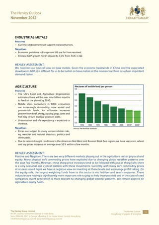 The Henley Outlook
November 2012




     Industrial Metals
     Positives
     •	 Currency debasement will support real asset prices.
     Negatives
     •	 Economic problems in Europe and US are far from resolved.
     •	 Chinese GDP growth for Q3 slowed to 7.4% from 7.6% in Q2.


     HENLEY ASSESSMENT:
     We maintain our neutral view on base metals. Given the economic headwinds in China and the associated
     slowdown in GDP, it is difficult for us to be bullish on base metals at the moment as China is such an important
     demand factor.



     Agriculture
     Positives
     •	 The UN’s Food and Agriculture Organization
        estimates there will be over nine billion mouths
        to feed on the planet by 2050.
     •	 Middle class consumers in BRIC economies
        are increasingly demanding more varied and
        protein-rich foods. As affluence increases
        protein from beef, sheep, poultry, pigs, cows and
        fish may in turn displace grains in diets.
     •	 Urbanisation and life expectancy is expected to
        increase.
     Negatives                                            Source: The Fertilizer Institute
     •	 Prices are subject to many uncontrollable risks,
        eg, weather and natural disasters, politics and
        other pests.
     •	 Due to recent drought conditions in the American Mid-West and Russian Black Sea regions we have seen corn, wheat
        and soy prices increase on average over 50% within a few months.


     HENLEY ASSESSMENT:
     Positive and Negative: There are two very different markets playing out in the agriculture sector: physical and
     equity. Many physical soft commodity prices have exploded due to changing global weather patterns over
     the past few months. However, these sharp price increases tend to be followed with just as sharp falls; there
     is a very seasonal and cyclical pattern with these movements. Currently with many soft commodity prices
     at or near record highs we have a negative view on investing at these levels and encourage profit taking. On
     the equity side, the largest weighting funds have to this sector is via fertilizer and seed companies. These
     industries are having a significantly more important role to play to help increase yield and in the case of seed
     companies invent seed which is more tolerant to changing global weather patterns. We remain positive on
     agriculture equity funds.




The Henley Group Limited                                                                               The Henley Outlook:   14
An SFC Licensed investment advisor in Hong Kong                                           Hong Kong, Singapore & Shanghai
Suite 2004-08, 20/F, St George’s Building, 2 Ice House Street, Central, Hong Kong
info@thehenleygroup.com.hk www.thehenleygroup.com.hk
 