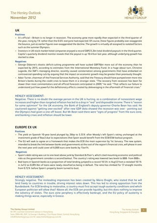 The Henley Outlook
November 2012


     UK
     Positives
     •	 It’s official – Britain is no longer in recession. The economy grew more rapidly than expected in the third quarter of
        the year, rising by 1% rather than the 0.6% everyone had expected. Of course, these figures probably over-exaggerate
        the bounce, just as earlier figures over-exaggerated the decline. The growth is virtually all assigned to isolated factors
        such as the summer Olympics.
     •	 Investors in UK stock market listed companies enjoyed a record GBP23.2bn total dividend payouts in the third quarter.
        Capita’s quarterly dividend monitor reveals that the payout is up 10.4%on last year, although underlying growth has
        started to slow.
     Negatives
     •	 George Osborne’s drastic deficit-cutting programme will have sucked GBP76bn more out of the economy than he
        expected by 2015, according to estimates from the International Monetary Fund. In a huge about turn, Christine
        Lagarde, the IMF’s managing director, recently caused consternation among governments that have embarked on
        controversial spending cuts by arguing that the impact on economic growth may be greater than previously thought.
     •	 Adair Turner, chairman of the Financial Services Authority, said that the Treasury should have pumped even more into
        Britain’s banks during the credit crisis to leave them in a stronger state. “The recovery from recession has been far
        slower than most commentators and all official forecasts anticipated in 2009,” he said. “That reflects our failure to
        understand just how powerful the deflationary effects created by deleveraging in the aftermath of financial crises.”


     HENLEY ASSESSMENT:
     Negative. There is no doubt the average person in the UK is hurting, as a combination of nonexistent wage
     increases and higher-than-targeted inflation has led to a drop in “real” and disposable income. There is “reason
     for some optimism” for the UK economy, the Bank of England’s deputy governor Charlie Bean has said. He
     cautioned against “getting over-excited” after new GDP data showed the recession was over - pointing out
     the Olympics had given a one-off boost. But Mr Bean said there were “signs of progress” from the euro zone,
     and banking crises and inflation should be lower.



     EUROPE ex UK
     Positives
     •	 The yield on Spanish 10-year bond plunged by 26bp to 5.55% after Moody’s left Spain’s rating unchanged at the
        investment grade of Baa3 due to expectations that Spain would benefit from the ECB/ESM bailout program.
     •	 The EU will seek to agree on a framework that makes the ECB the main supervisor by 1st January. The new system,
        intended to break the link between banks and governments at the root of the region’s financial crisis, will phase in over
        the next year and could cover all 6,000 euro zone banks by 1Jan14.
     Negatives
     •	 Spain’s debt rating was cut to one level above junk by Standard & Poor’s, which cited mounting economic and political
        risks as the government considers a second bailout. The country’s rating was lowered two levels to BBB- from BBB+.
     •	 Bad loans in Spanish banks as a proportion of total lending jumped to a record 10.5% in Aug12 from a restated 10.1%
        in Jul12 as EUR9.3bn of loans were newly classified as being in default. The ratio has climbed for 17 straight months
        from 0.72% before Spain’s property boom turned to bust.


     HENLEY ASSESSMENT:
     Strongly negative. The misleading impression has been created by Mario Draghi, who stated that he will
     lend freely to countries in trouble, driving interest rates down. This has led to strong opposition from the
     Bundesbank. For ECB lending to materalise, a country must first accept tough austerity conditions and which
     European politician will allow that? Above all, the ECB can provide liquidity, but this does nothing to improve
     the solvency of states. The euro zone periphery is effectively bankrupt, and the EU policy of austerity is
     making things worse, especially in Greece.



The Henley Group Limited                                                                                       The Henley Outlook:   9
An SFC Licensed investment advisor in Hong Kong                                                   Hong Kong, Singapore & Shanghai
Suite 2004-08, 20/F, St George’s Building, 2 Ice House Street, Central, Hong Kong
info@thehenleygroup.com.hk www.thehenleygroup.com.hk
 