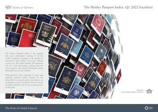 The Henley Passport Index: Q1 2022 Factsheet
The Henley Passport Index is the original
and most authoritative ranking of all the
world’s passports according to the number of
destinations their holders can access without
a prior visa. The index includes 199 passports
and 227 travel destinations, giving users the
most extensive and reliable information about
their global access and mobility.
With historical data spanning 17 years and
regularly updated expert analysis on the
latest shifts in passport power, the index is an
invaluable resource for global citizens and the
standard reference tool for government policy
in this field.
 