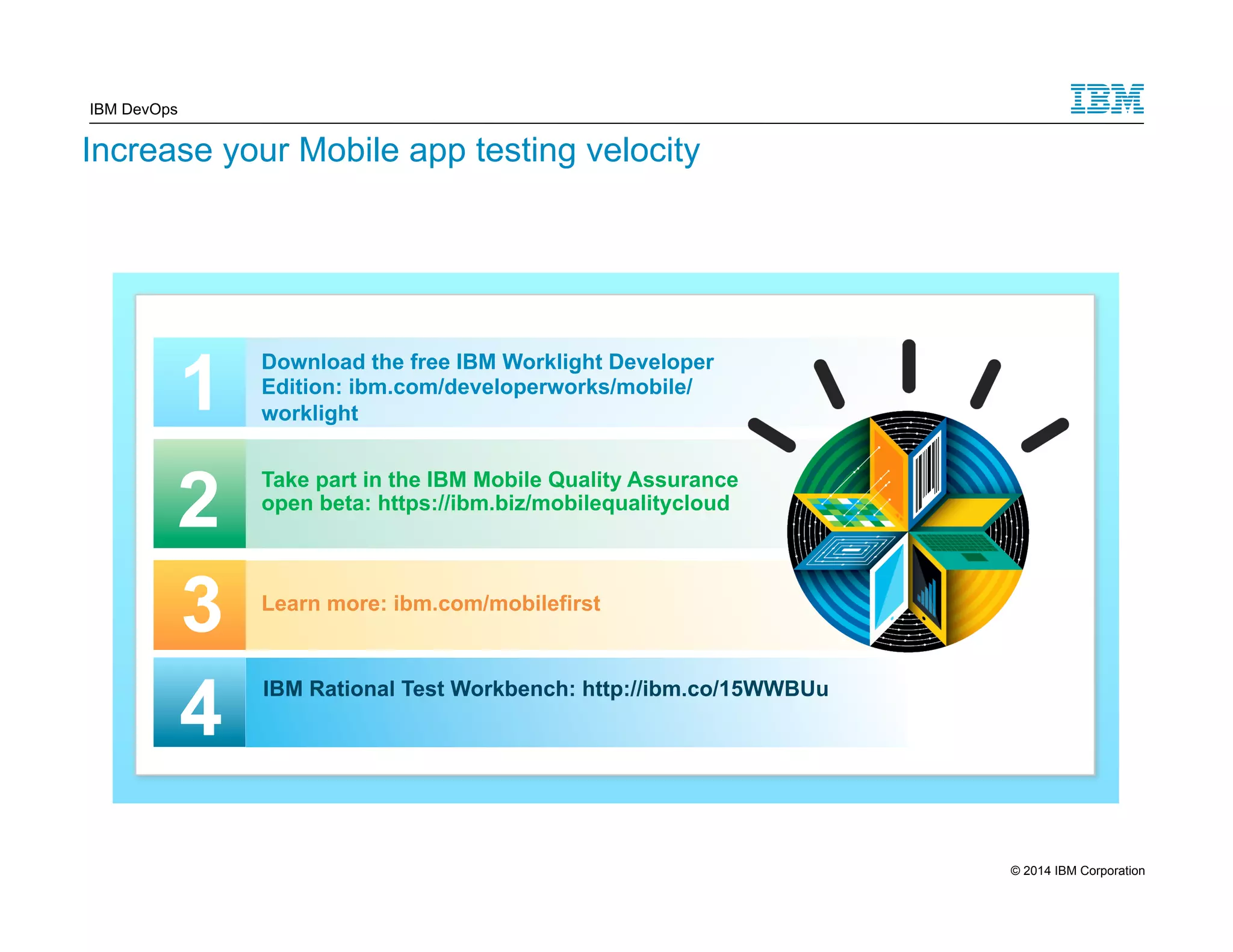 IBM DevOps Increase your Mobile app testing velocity 1 Download the free IBM Worklight Developer Edition: ibm.com/developerworks/mobile/ worklight Take part in the IBM Mobile Quality Assurance open beta: https://ibm.biz/mobilequalitycloud Learn more: ibm.com/mobilefirst 2 3 4 IBM Rational Test Workbench: http://ibm.co/15WWBUu 18 © 2014 IBM Corporation 