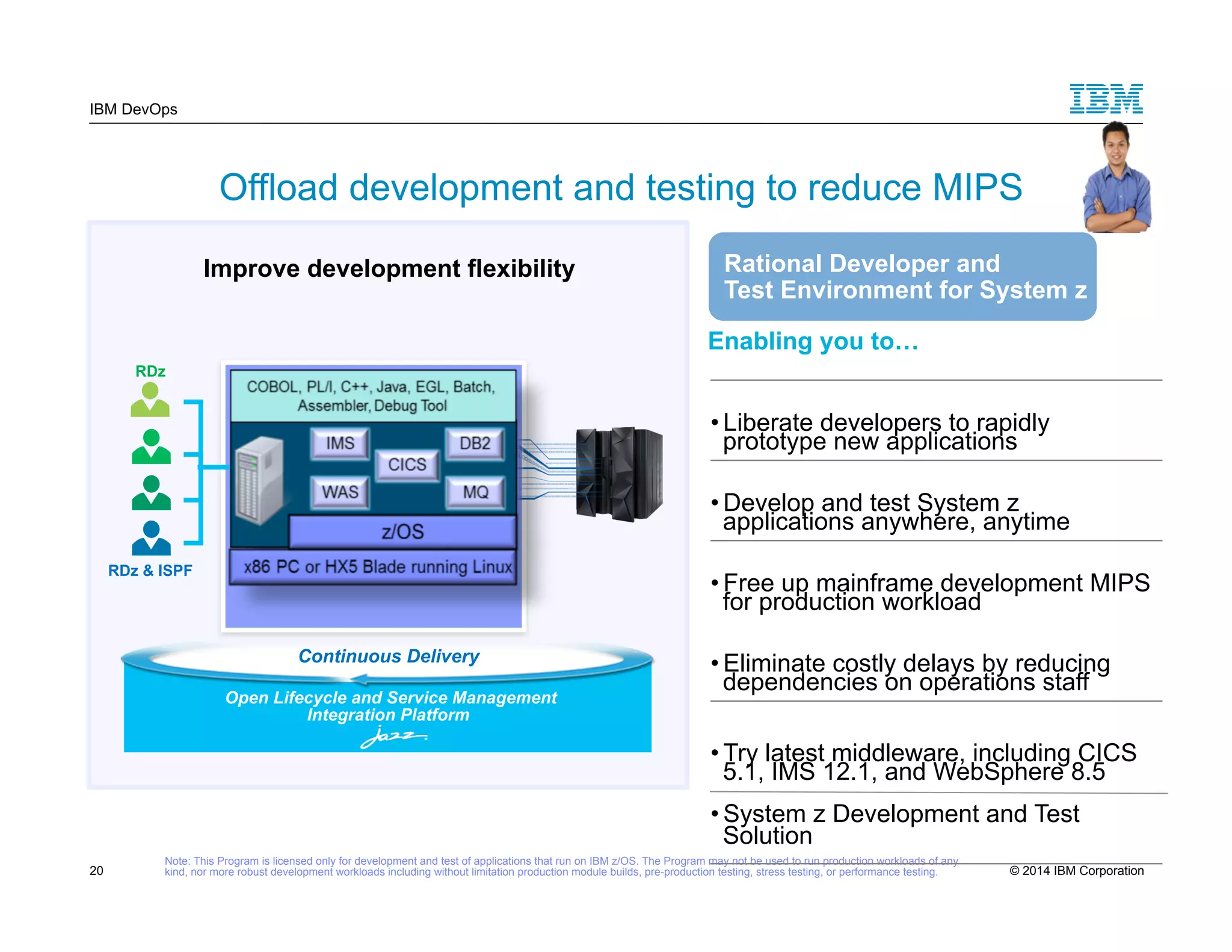 IBM DevOps Offload development and testing to reduce MIPS Rational Developer and Test Environment for System z Enabling you to… • Liberate developers to rapidly prototype new applications • Develop and test System z applications anywhere, anytime • Free up mainframe development MIPS for production workload • Eliminate costly delays by reducing dependencies on operations staff • Try latest middleware, including CICS 5.1, IMS 12.1, and WebSphere 8.5 • System z Development and Test Solution RDz RDz & ISPF Improve development flexibility Continuous Delivery Open Lifecycle and Service Management Integration Platform Note: This Program is licensed only for development and test of applications that run on IBM z/OS. The Program may not be used to run production workloads of any kind, nor more robust development workloads including without limitation production module builds, pre-production testing, stress testing, or performance testing. 20 © 2014 IBM Corporation 
