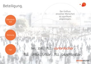 Meinung
Öﬀentlich-
keit
Ego
Beteiligung.
Im Job. Als Verbraucher.
Als Unterstützer. Als Gegenspieler.
Der Einﬂuss
einzelner Menschen
ist signiﬁkant
angestiegen.
 