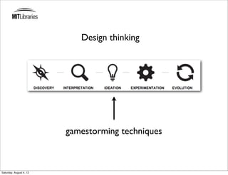 Design thinking




                         gamestorming techniques



Saturday, August 4, 12
 