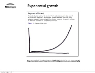 Exponential growth




                         http://uxmatters.com/mt/archives/2009/02/patterns-in-ux-research.php




Saturday, August 4, 12
 